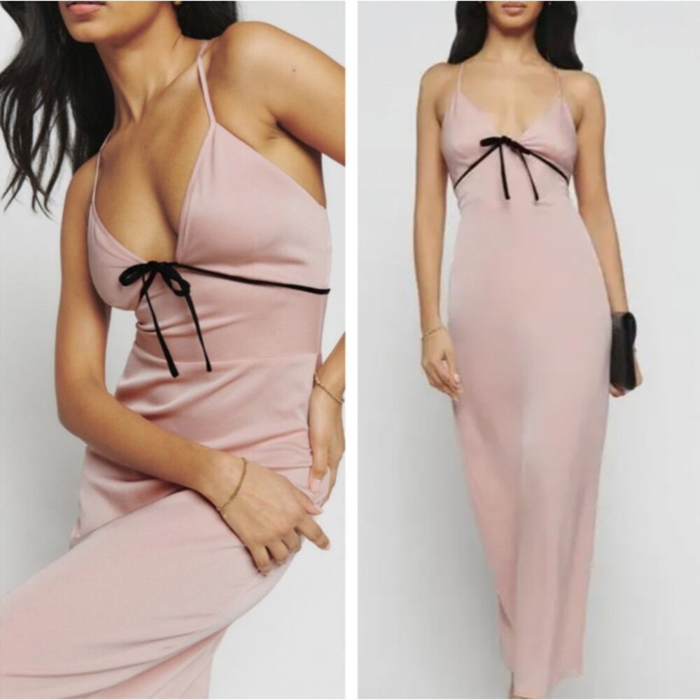 REFORMATION Bryony Slip Dress Satin Bow Maxi Cottagecore Midi Coquette Pink
